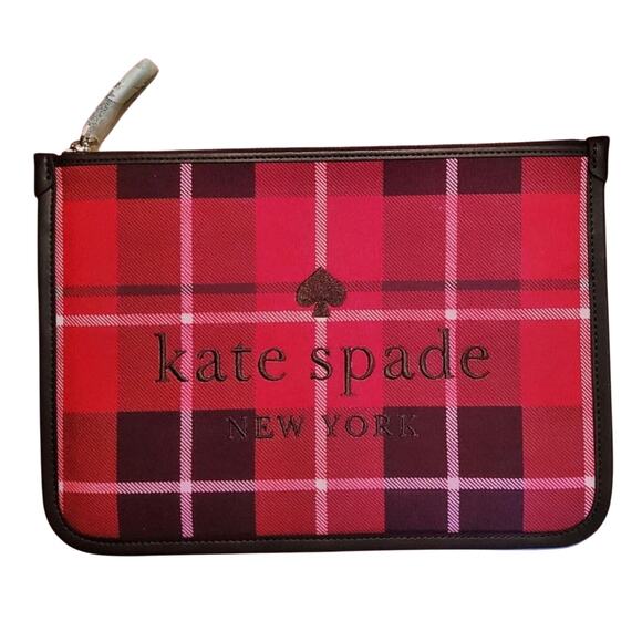 KATE SPADE PLAID LARGE POUCH "ELLA" CANVAS/LEATHER NEW! - Picture 1 of 6